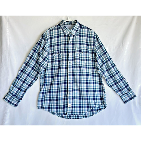 Izod Seaside Twill Shirt Men's Size M Long Sleeve Button Up Pockets Blue Plaid - Picture 1 of 6